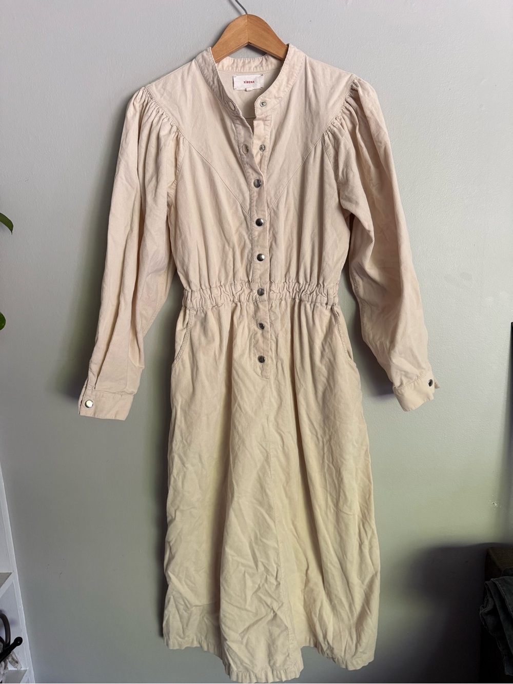 Xirena Women’s S Dress Cream Corduroy Long Sleeve Button-Front Midi Dress
